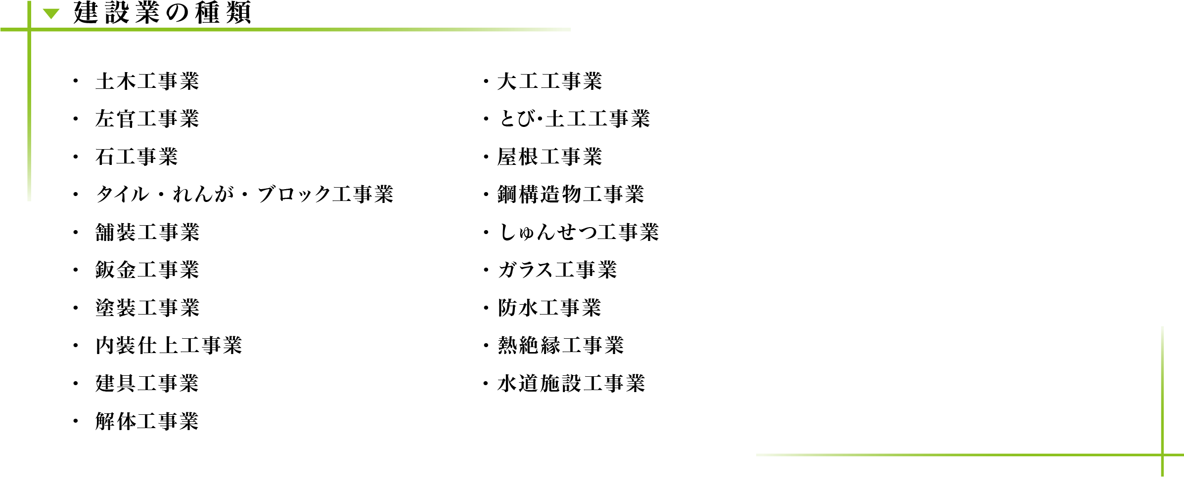 建設業の種類｜土木工事業、とび・土工工事業、石工事業、鋼構造物工事業、舗装工事業、しゅんせつ工事業、水道施設工事業、解体工事業、塗装工事業